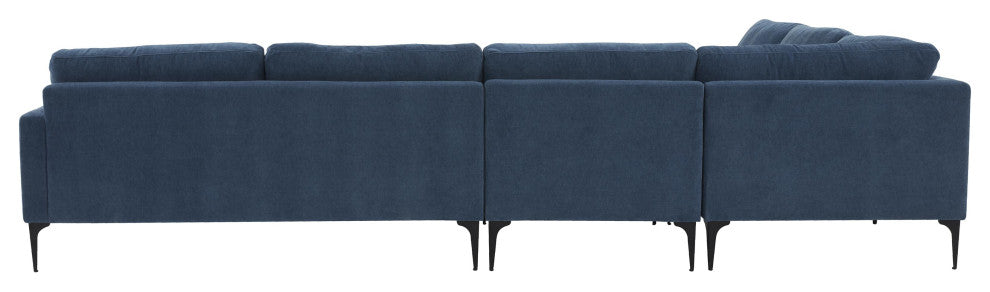 Serena Blue Velvet Large Chaise Sectional With Black Legs