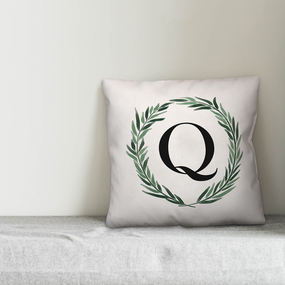 Watercolor Greenery Wreath Monogram Q 18x18 Spun Poly Pillow