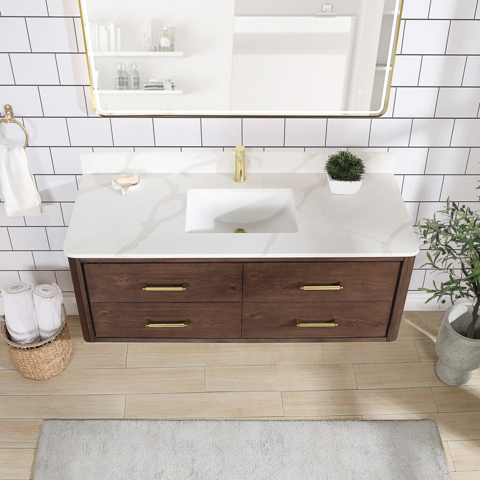 Cristo Floating Bath Vanity With Stone Top, Aged Dark Brown Oak, 55in., With Mirror