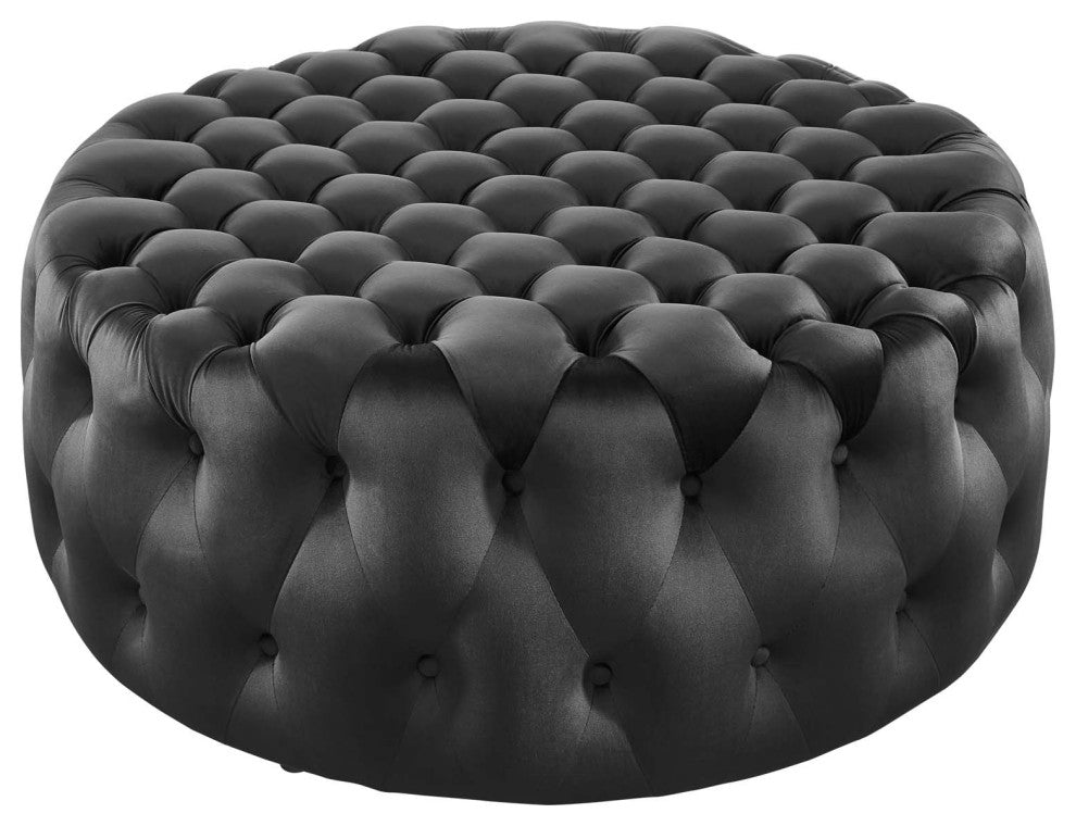 Round Ottoman Accent Tufted Chair, Black, Velvet, Modern, Lounge Hospitality