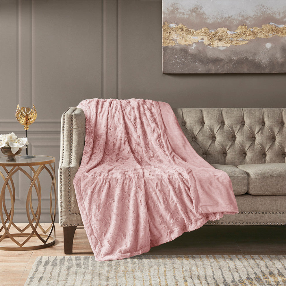 Madison Park Zuri Oversized Faux Fur Throw, Blush