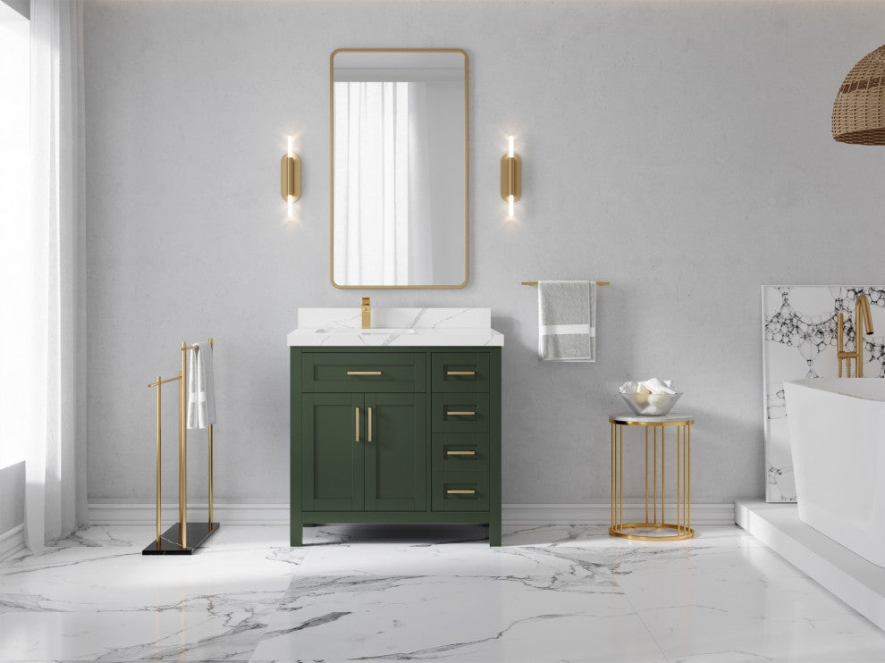 Cambridge 36 Left Offset Bath Vanity in Pewter Green 2" Calacatta Laza