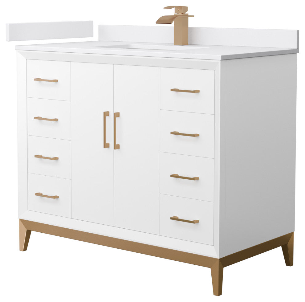 Amici 42" White Single Vanity, White Cultured Marble Top, Satin Bronze Trim