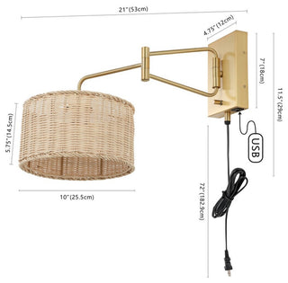 Safavieh Bramley Wall Sconce Set of 2 With USB Port Brass/Natural Rattan