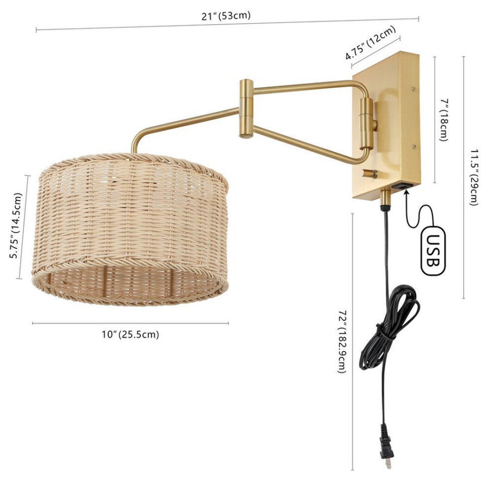 Safavieh Bramley Wall Sconce Set of 2 With USB Port Brass/Natural Rattan