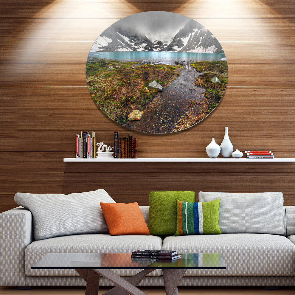 Cloudy Sky Above Mountain Lake, Landscape Round Metal Wall Art, 36"