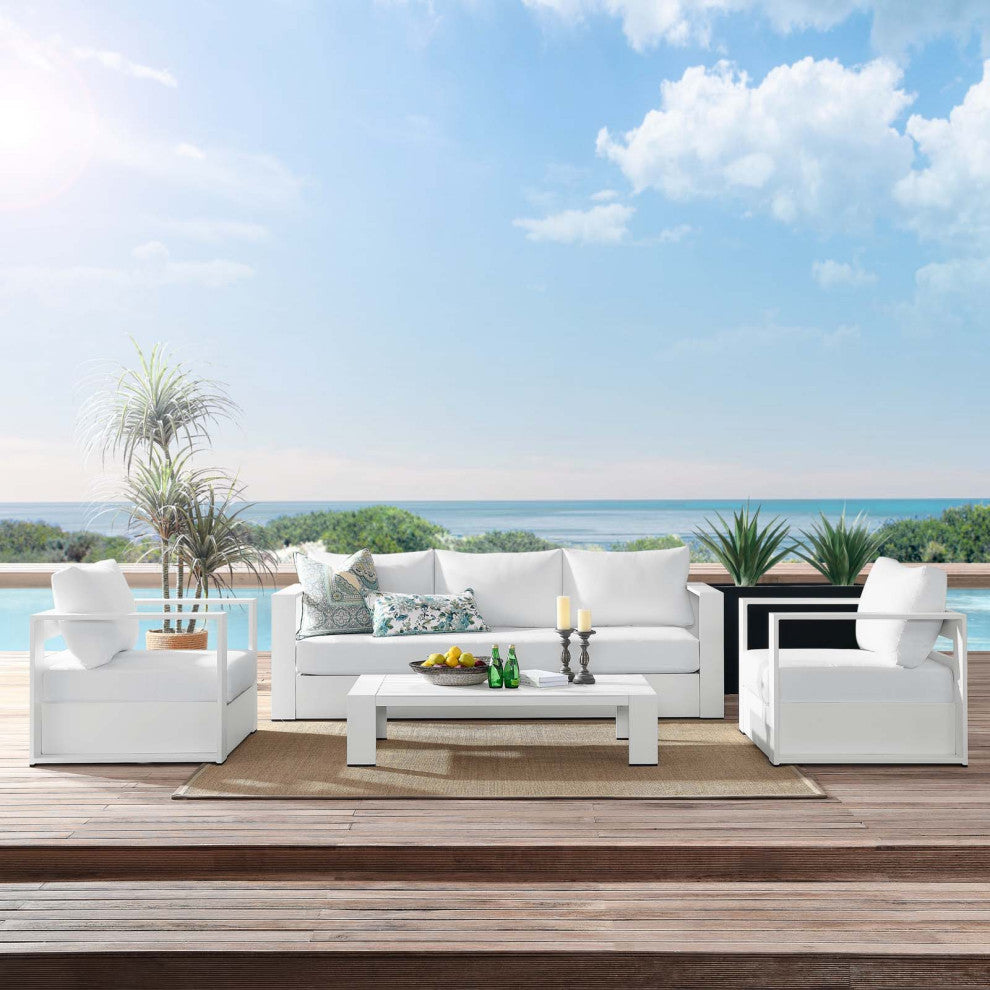 Lounge Sectional Sofa Chair Table Set, White, Aluminum, Modern, Outdoor Patio