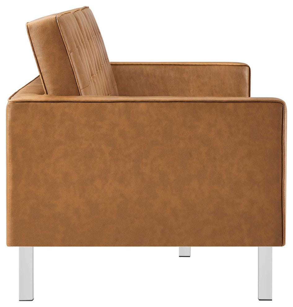 Loft Tufted Vegan Leather Sofa and Ottoman Set, Silver Tan
