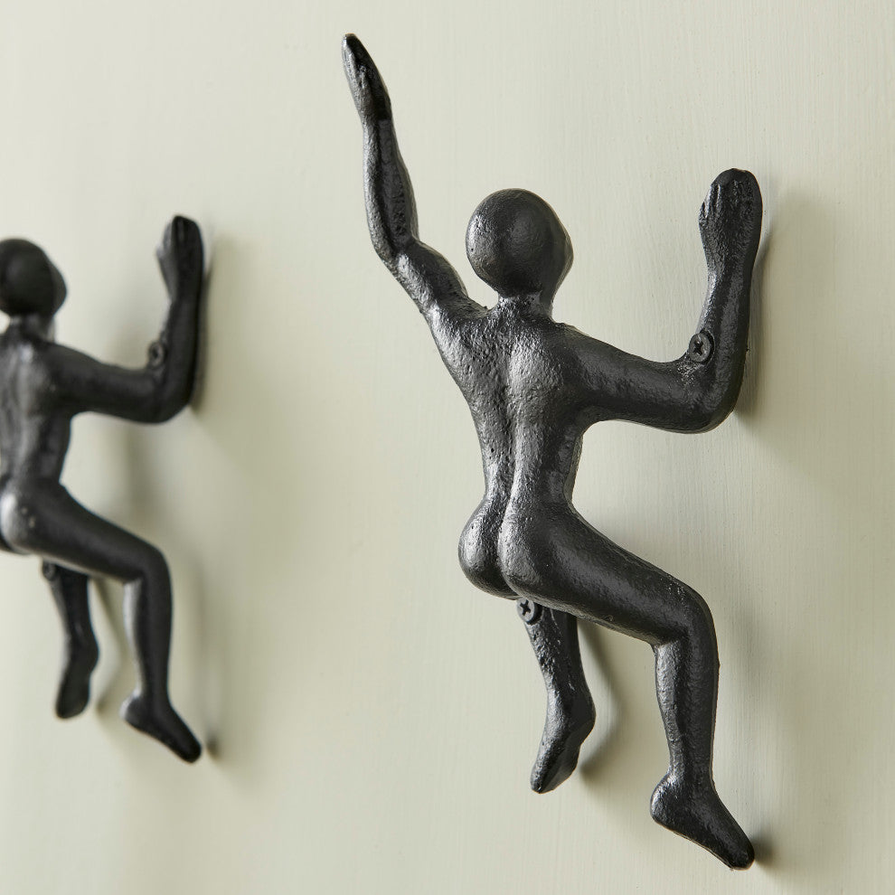 "Wall Climber" Cast Iron Decorative Black Wall Mount Hook, Set of 2