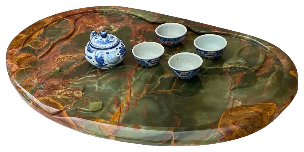 Chinese Natural Green Stone Craved Lotus Theme Tea Basin Tray Hws2284