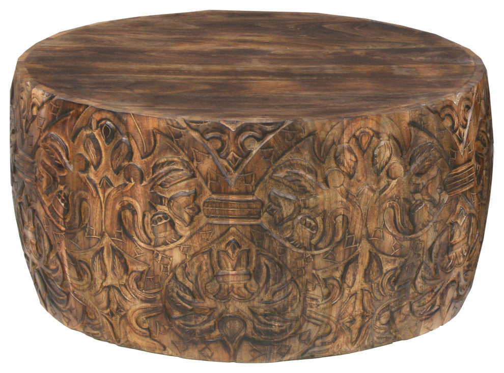 Rea 34" Coffee Table Mango Wood Round Drum Carved Damask Walnut Brown