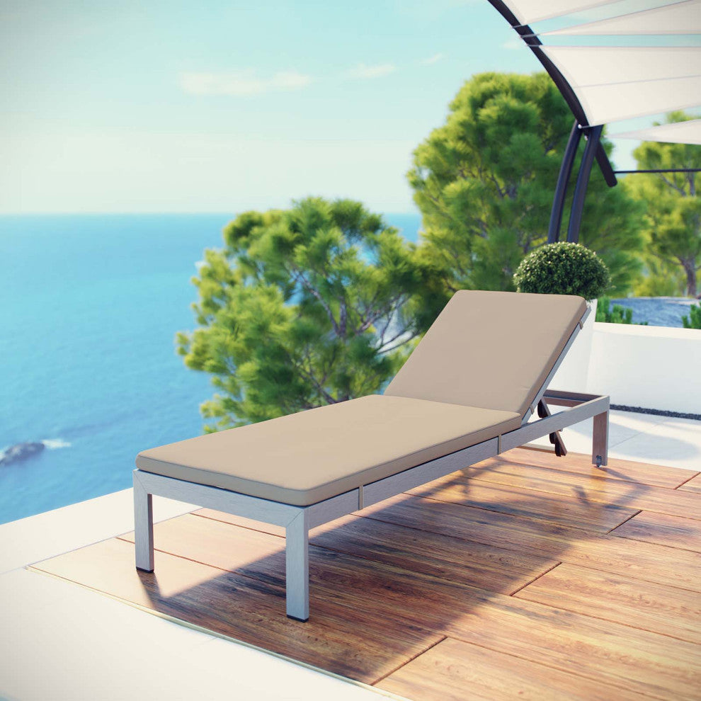 Lounge Chair Chaise, Aluminum, Metal, Silver Beige, Modern, Outdoor Patio Cafe