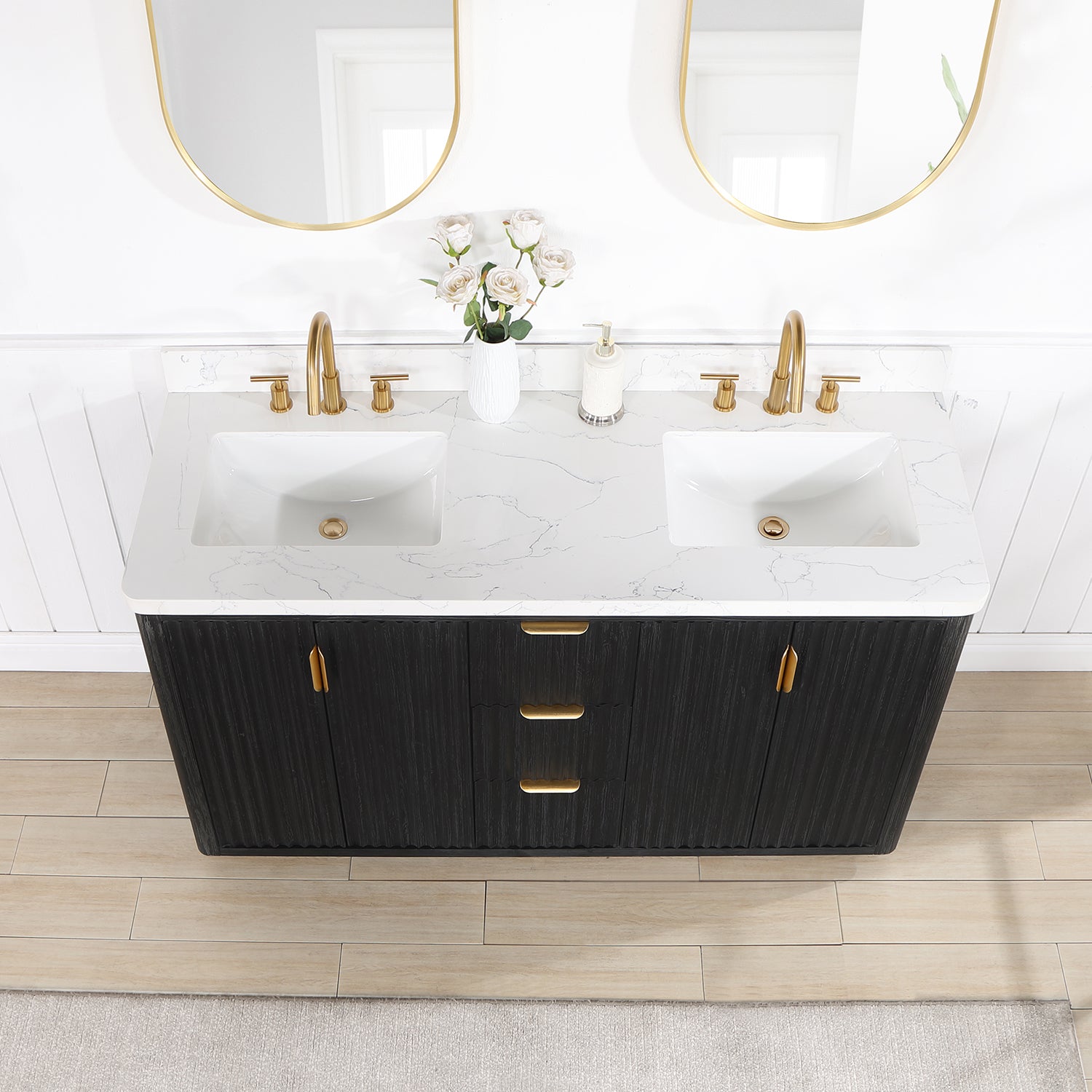 Vinnova Cadiz Bath Vanity, Composite Stone Top, Black, 60", With Mirror