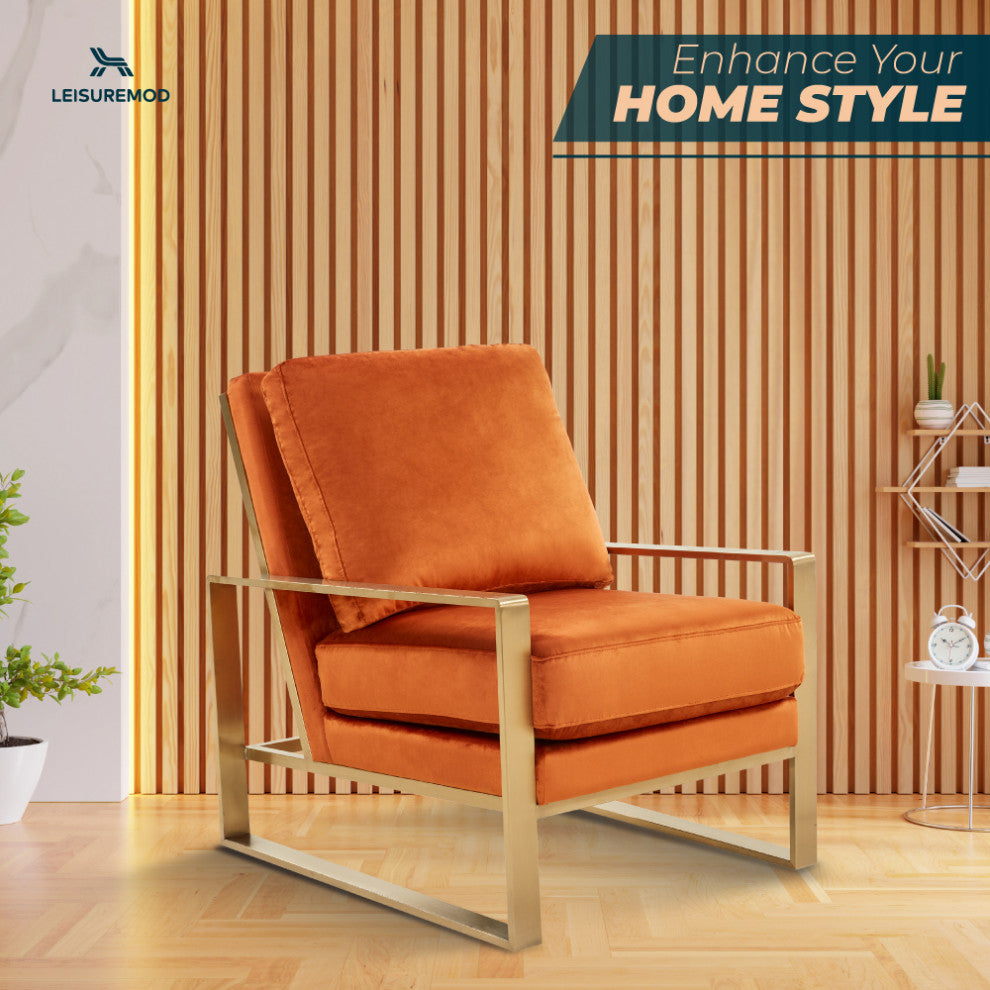 LeisureMod Jefferson Velvet Accent Armchair With Gold Frame, Orange Marmalade