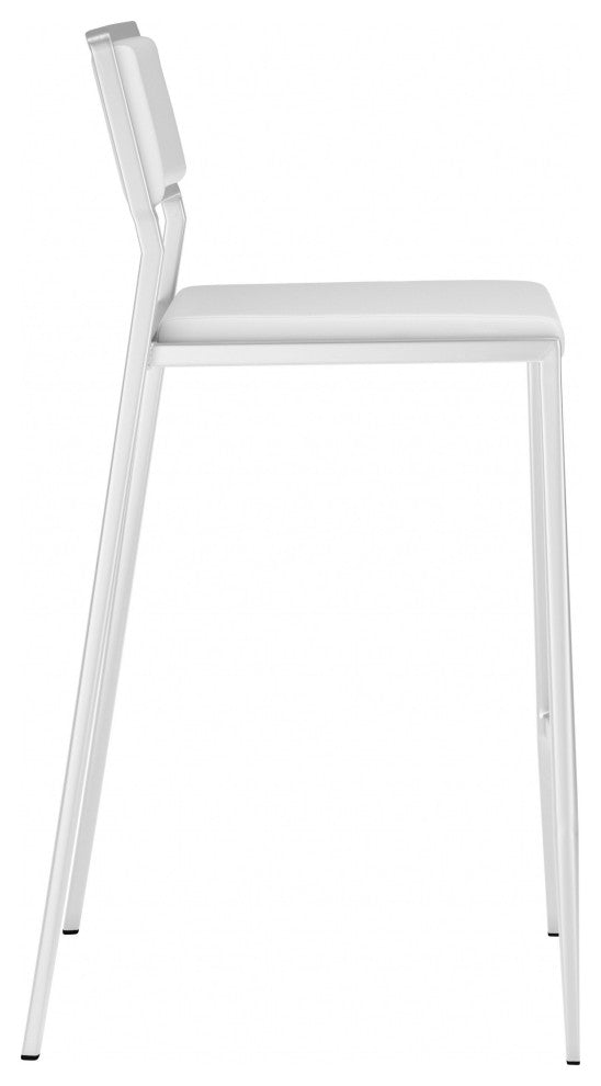Set of Two White Faux Leather and Stainless Low Back Counter Stools