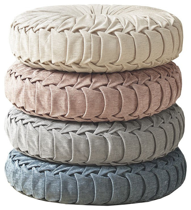 Pleated Poly Chenille Round Floor Pillow Seat Cushion, Aqua Blue