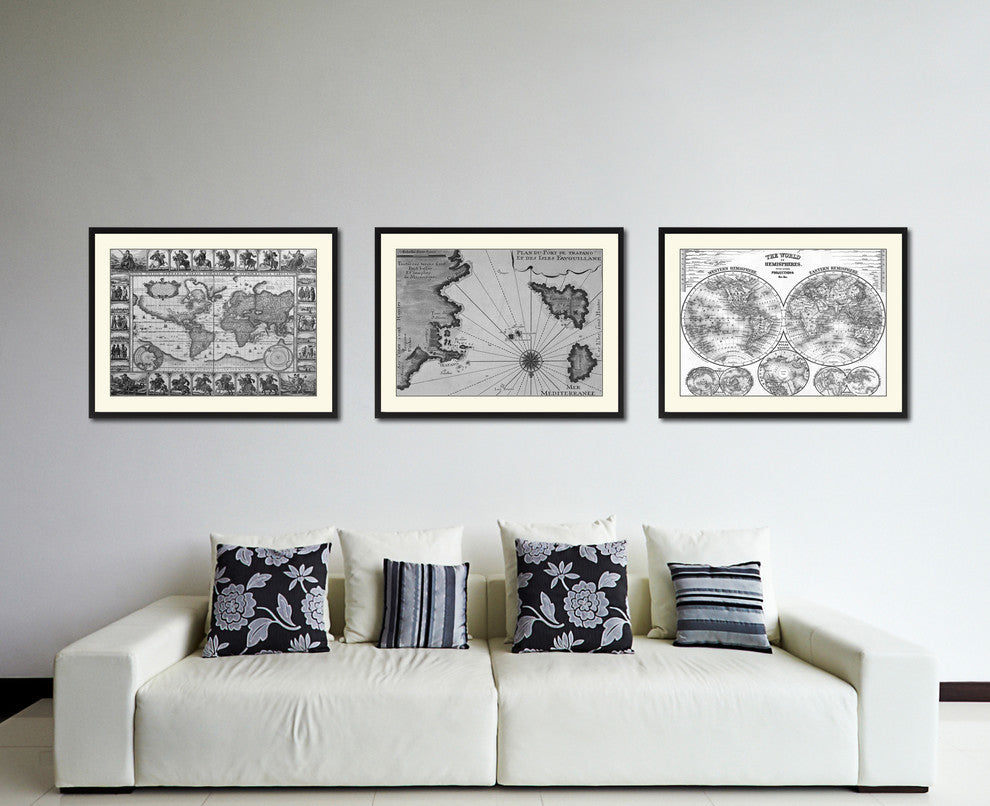 Sicily West Aegadian Islands Map Print On Canvas With Black Frame, 28" X 37"