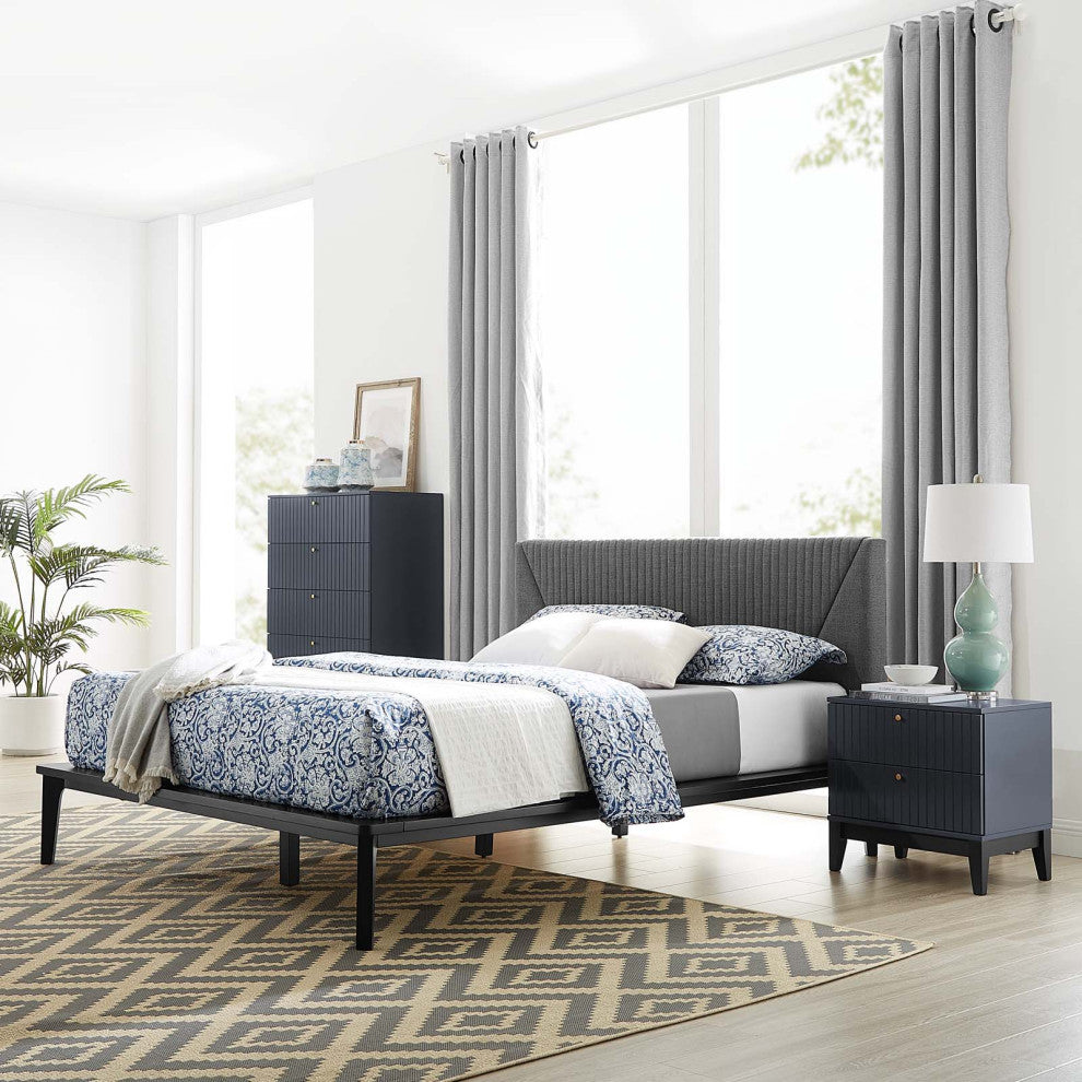 Platform Bed Dresser Chest Nightstand Set, Queen, Blue, Wood, Modern