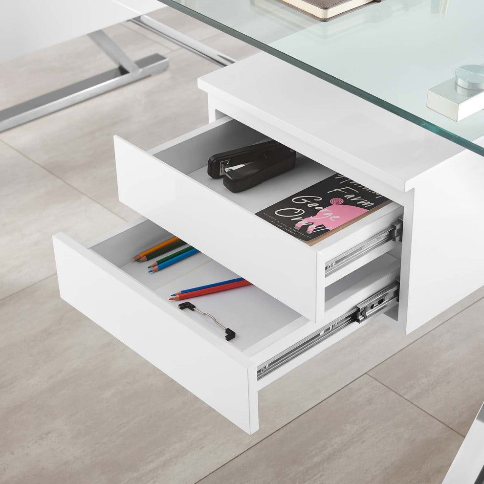 Sector 71" Glass Top Glass Office Desk, White