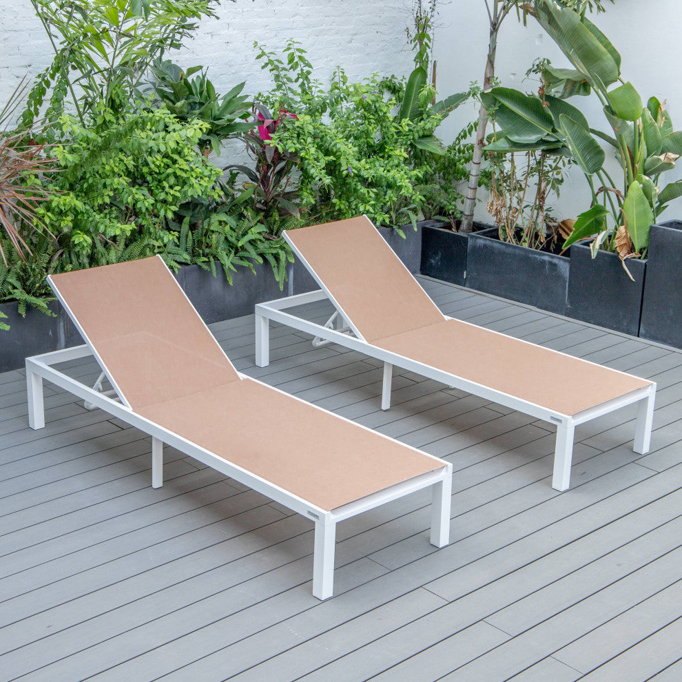 LeisureMod Marlin Patio Chaise Lounge Chair White Frame Set of 2, Light Brown