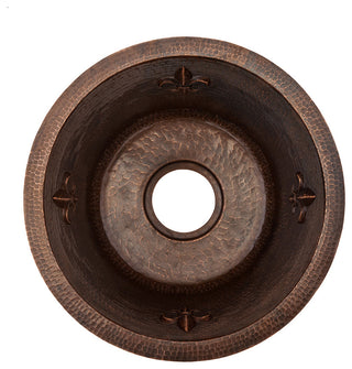 16" Round Copper Prep Sink, Fleur De Lis & 3.5" Drain Opening