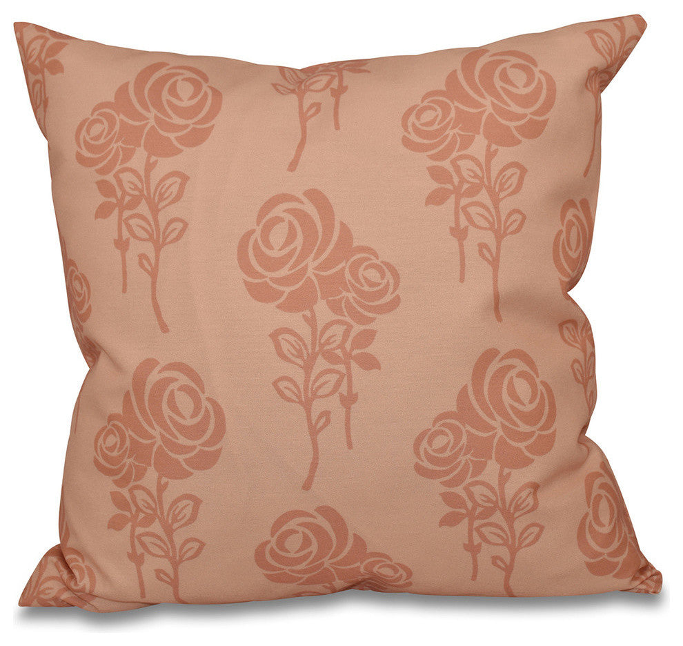 Carmen, Floral Print Pillow, Peach, 16"x16"