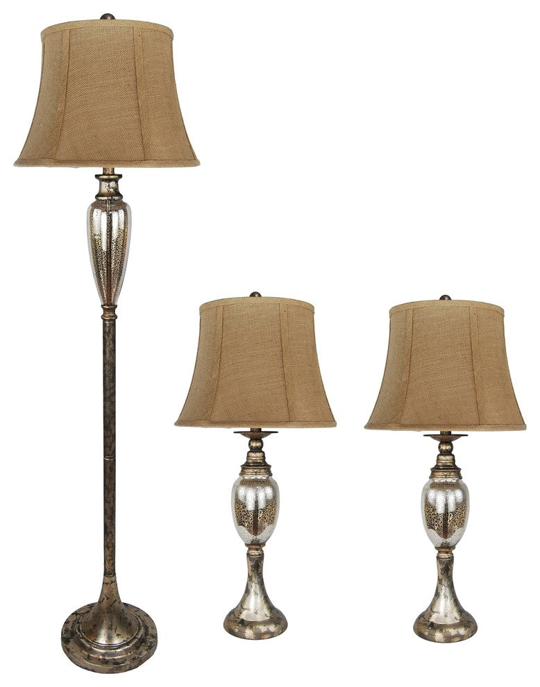 Fangio Lighting Gold Accented Metal and Silver Mercury Glass 3-Piece Lamp Set