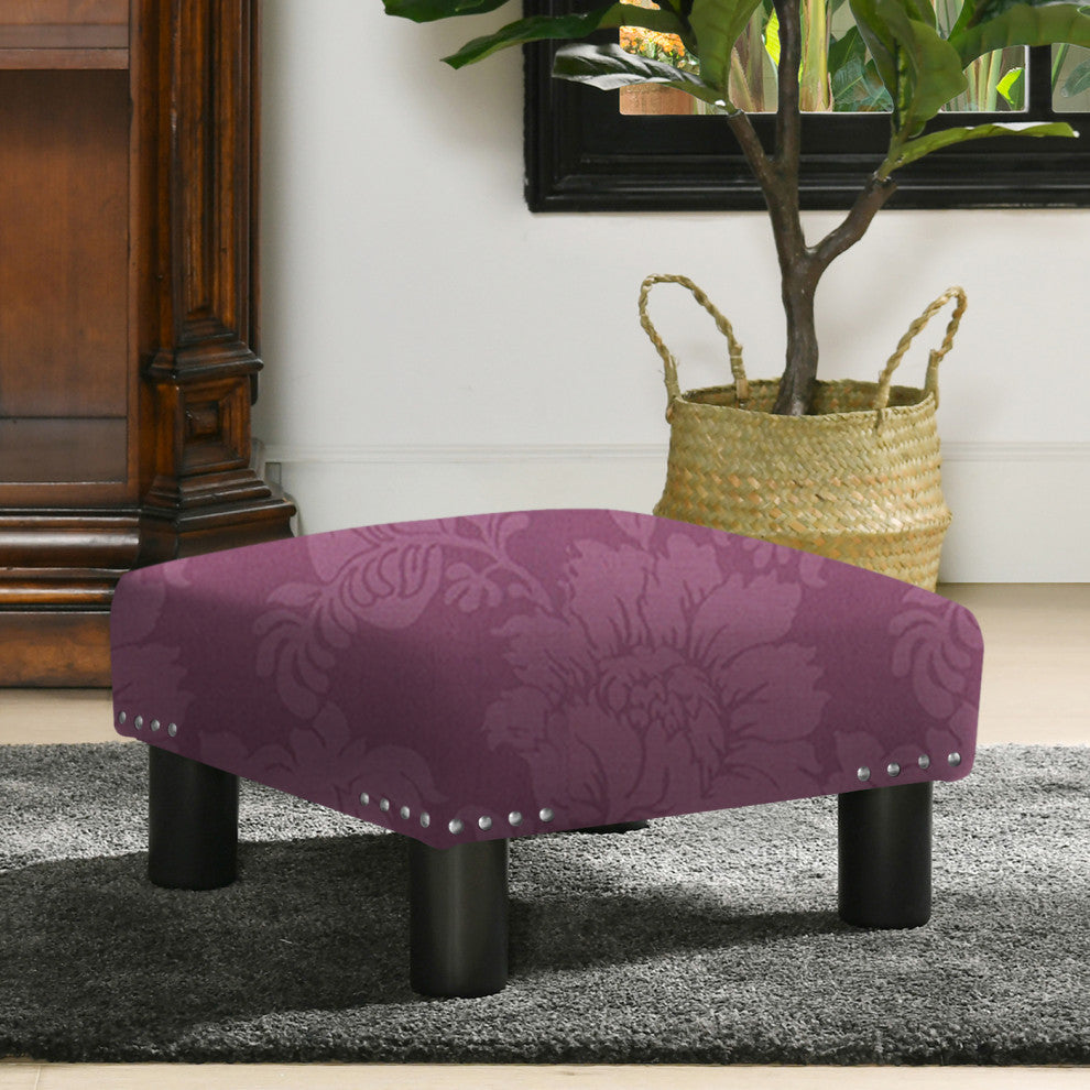 Jules 16" Square Footstool Accent Ottoman, Purple Floral Sateen Jacquard