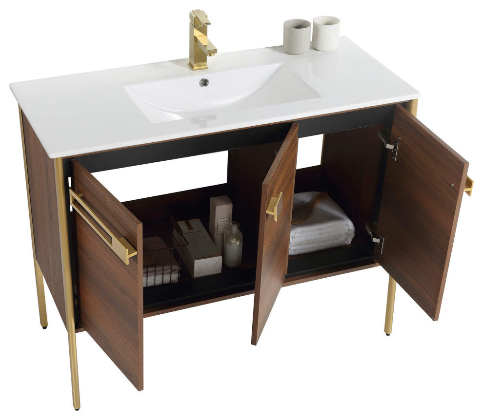 Oakville Bath Vanity, Ceramic Sink, Walnut Ebony, 42 Inch, Satin Brass Hardware