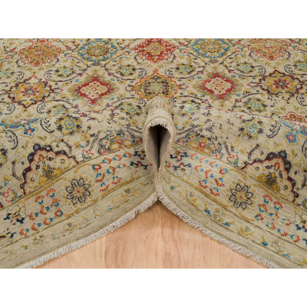 Beige, THE SUNSET ROSETTES, Hand Knotted Wool And Pure Silk, Rug, 8'2"x10'2"