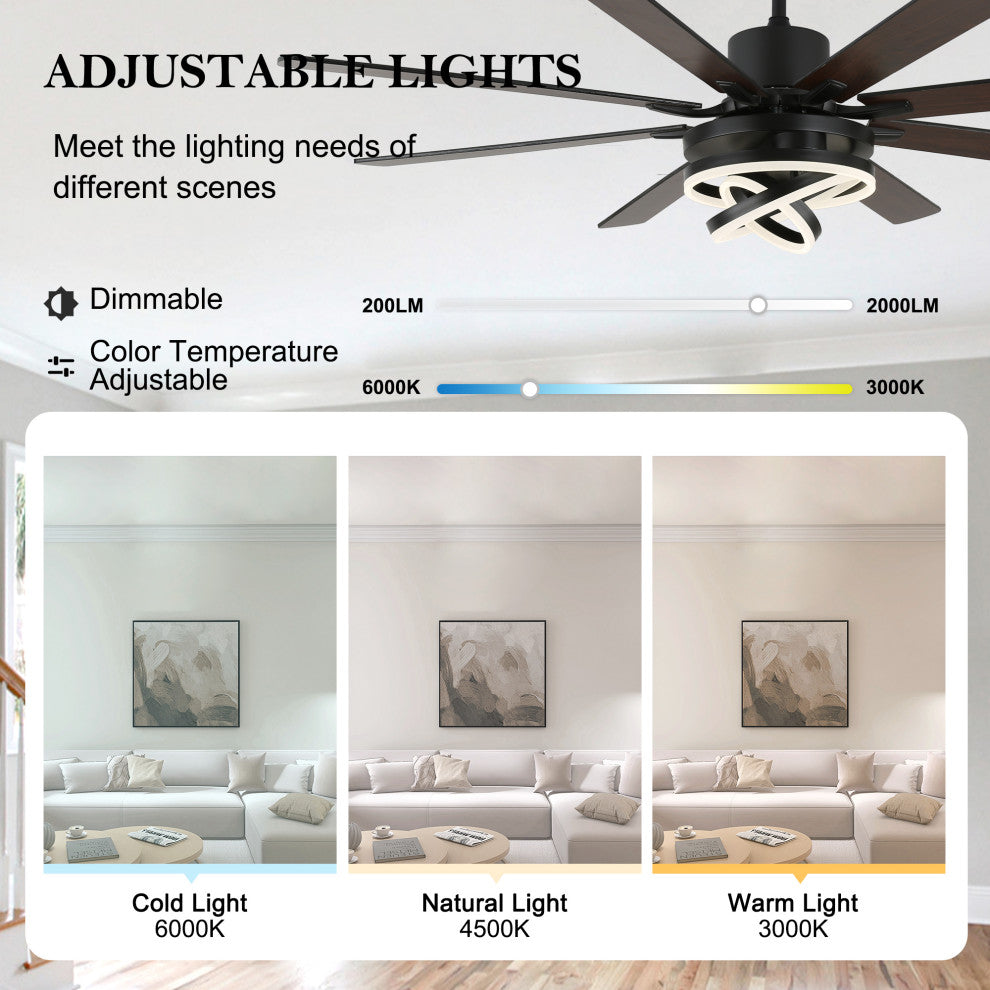 72" Modern 8 Wood Blades Large Ceiling Fan w LED Light, Black