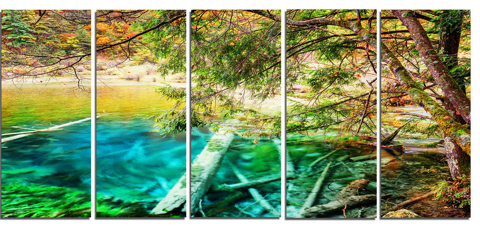 Colorful Lake with Tree Trunks, Landscape Canvas Wall Art, 60"x28", 5 Panels