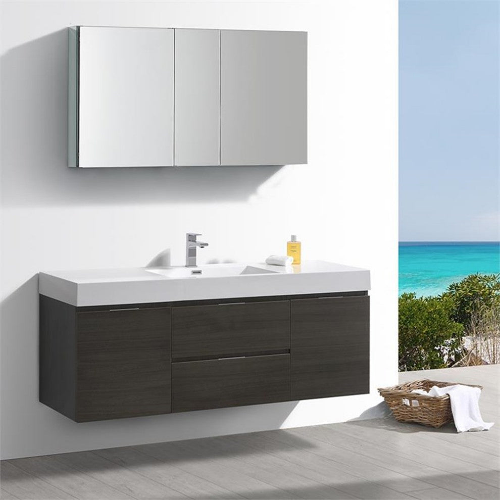 Valencia 60" Gray Oak Wall Hung Bathroom Vanity Set, Cabinet, Faucet FFT1030BN
