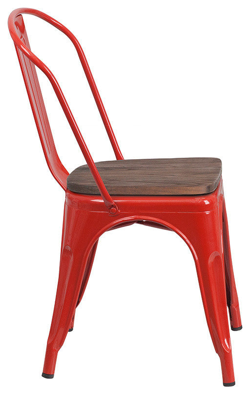 Red Metal Stackable Chair With Wood Seat