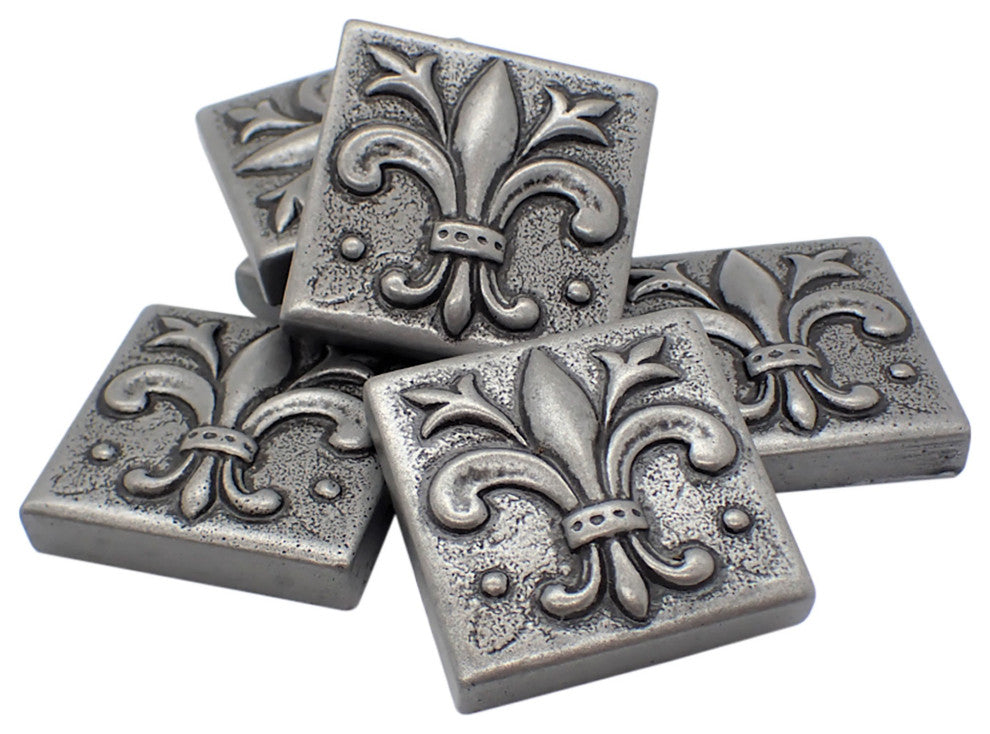 Fleur de Lis Metal Insert Tile Pewter 2"x2", Set of 8