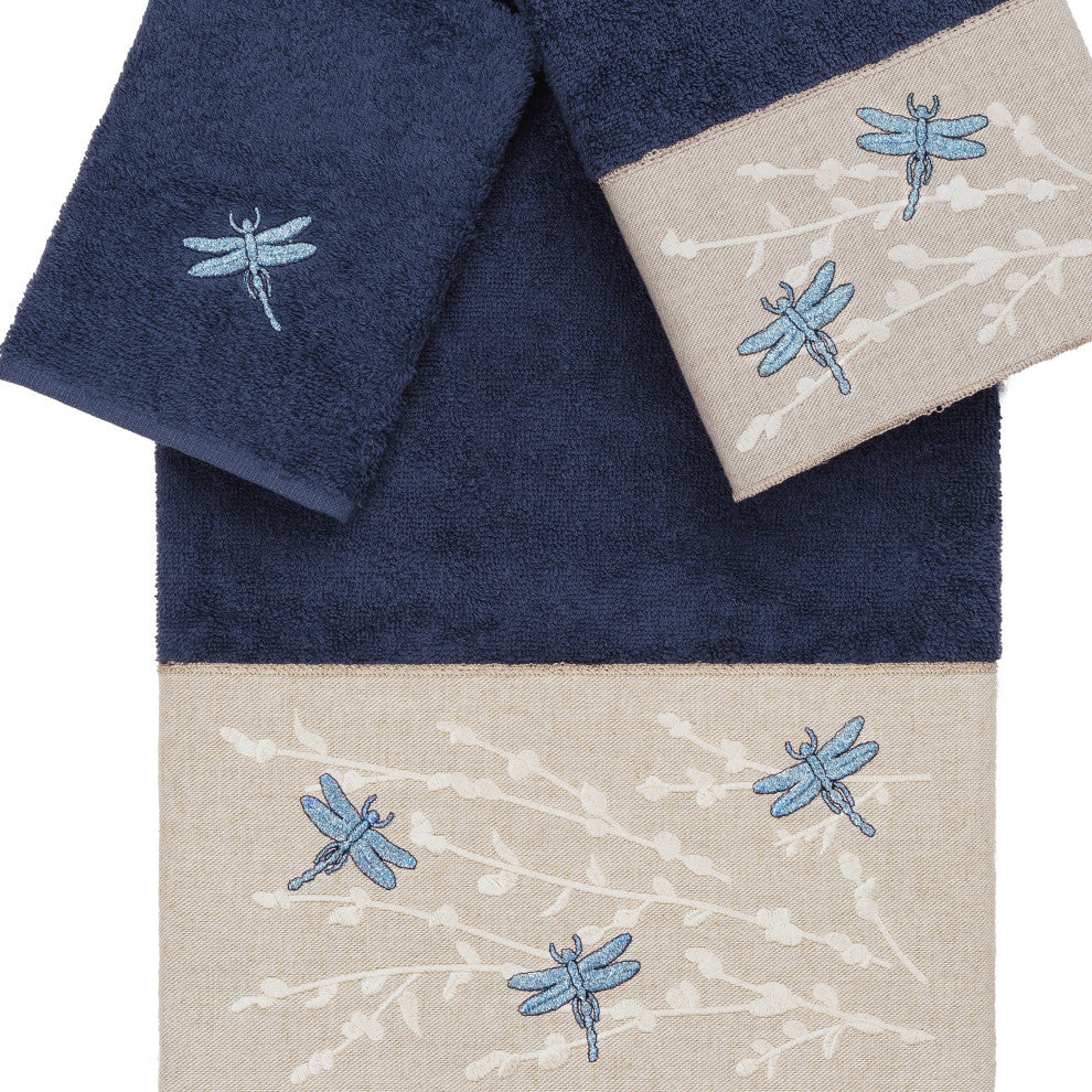 Linum Home Textiles Turkish Cotton Braelyn 3-Piece Embellished Towel Set, Navy