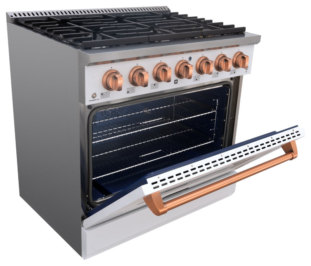 36" Slide-in Freestanding Gas Range & 5.2 Cu. Ft. Oven, 6 Burners. White, White & Copper, 36"