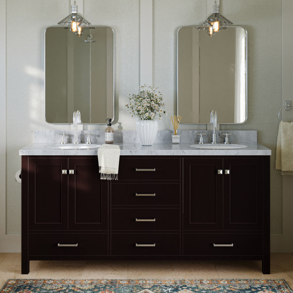 ARIEL Cambridge 73" Double Oval Sinks Bathroom Vanity Espresso with Marble Top