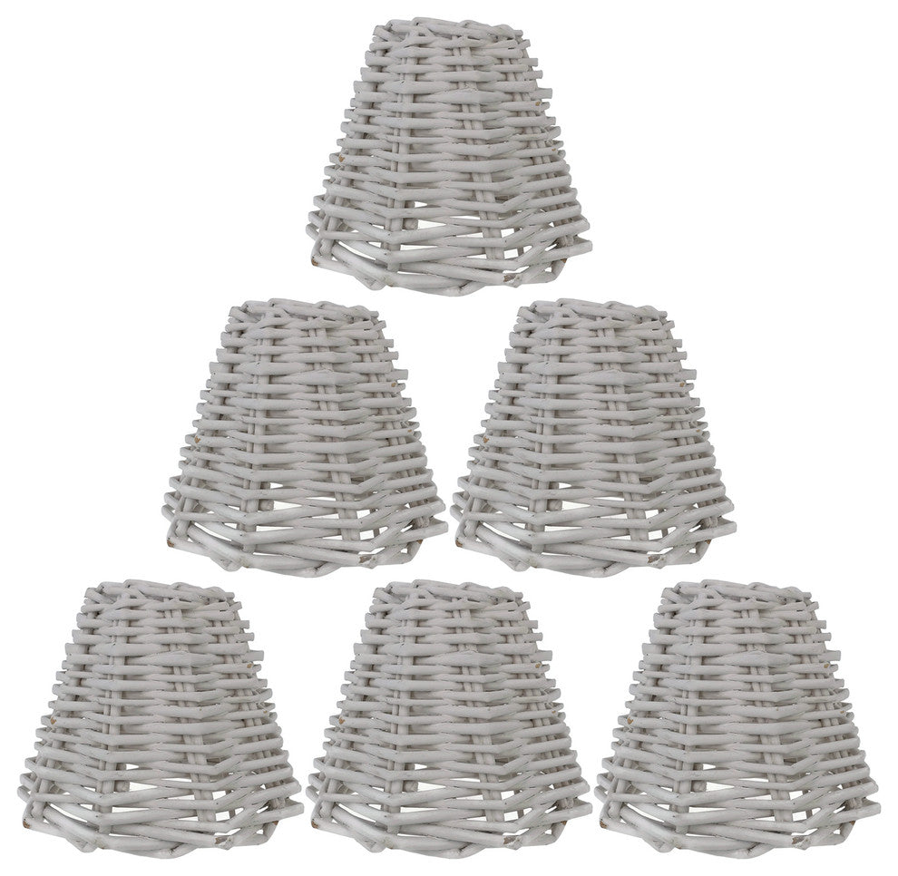 Set Of 6 Wicker Chandelier Lamp Shade, 3"X6"X5", Clip-On, Weathered White
