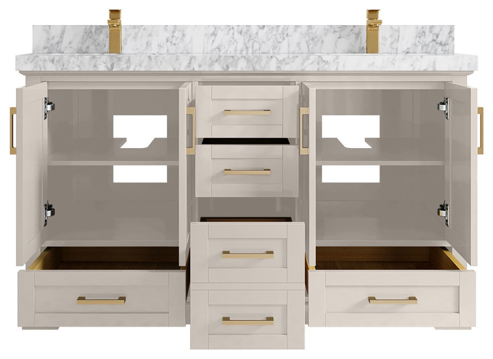 Boston 60" Double Bathroom Vanity in Fine Grain 2" Carrara Marble