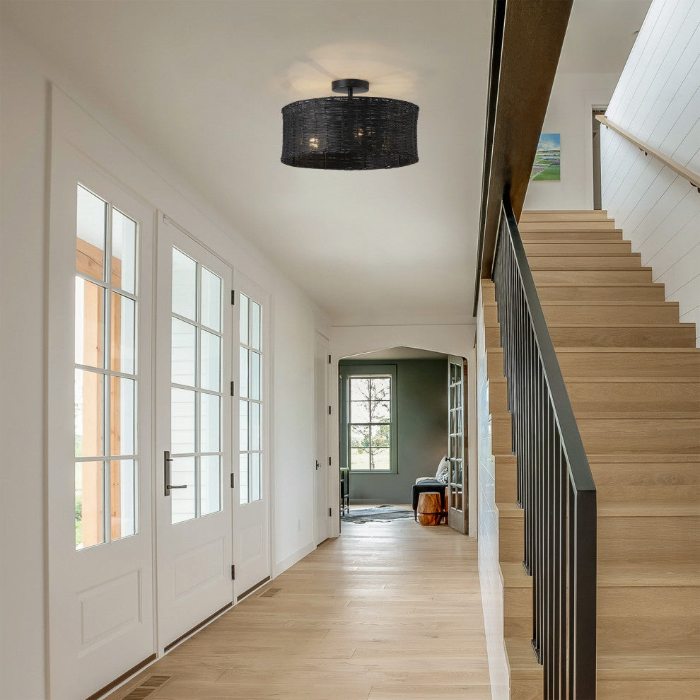 Farmhouse Woven Rattan 3-Light Drum Semi Flush Mount Ceiling Light