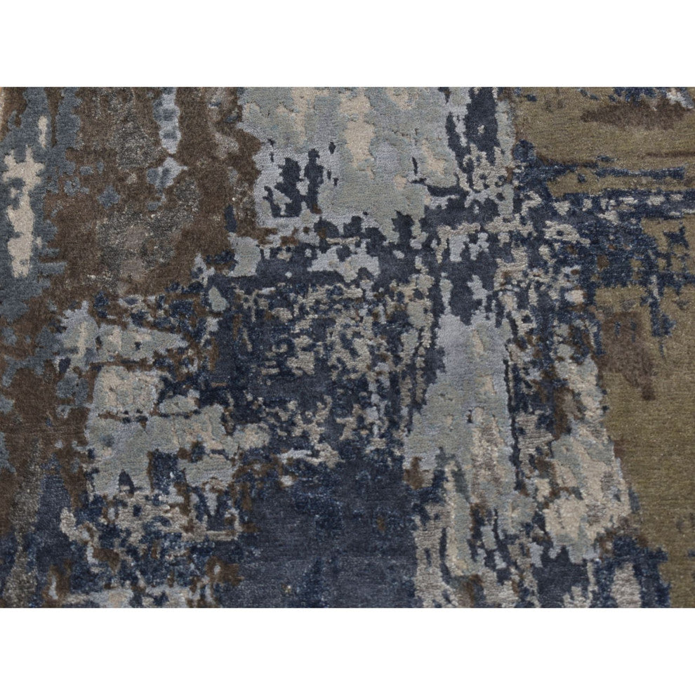 Blue, Hand Knotted, Abstract Design, Wool and Silk, Runner Rug, 2'8"x8'1"