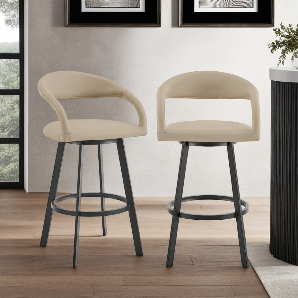 Ramona 26" Counter Stool With Matte Black Iron and Black Faux Leather, Beige, 30 Inch, Swivel