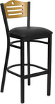 Black Slat Back Metal Barstool, Natural Wood Back, Black Vinyl Seat