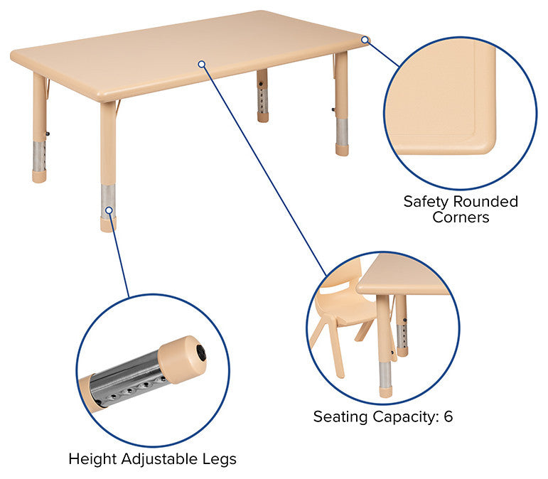 24"x48" Height Adjustable Rectangular Plastic Activity Table, Natural