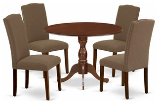 5Pc Dining Set, 1 Drop Leaves Wood Table, 4 Dark Coffee Upholstered Chair