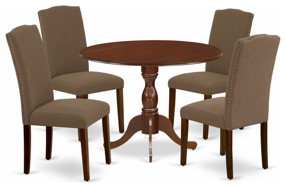 5Pc Dining Set, 1 Drop Leaves Wood Table, 4 Dark Coffee Upholstered Chair