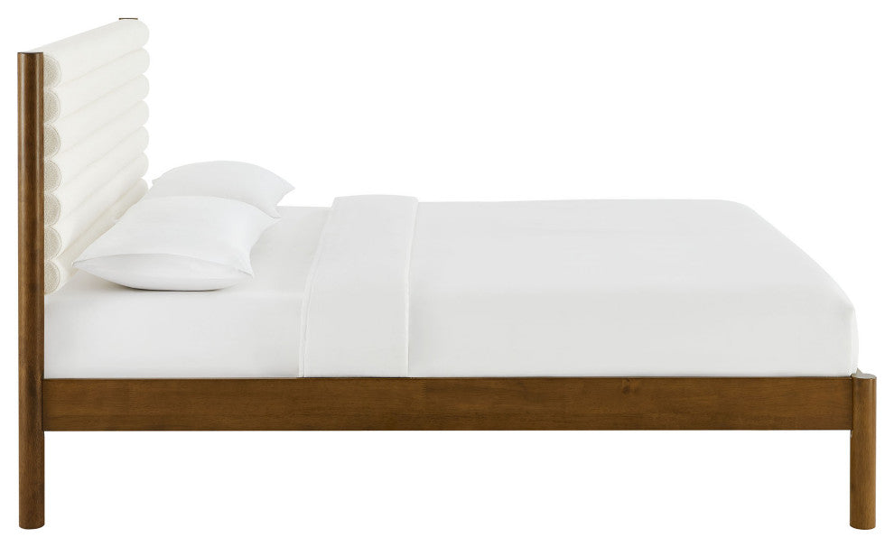 Olea Channel Tufted Boucle Solid Wood King Platform Bed, Feather Walnut