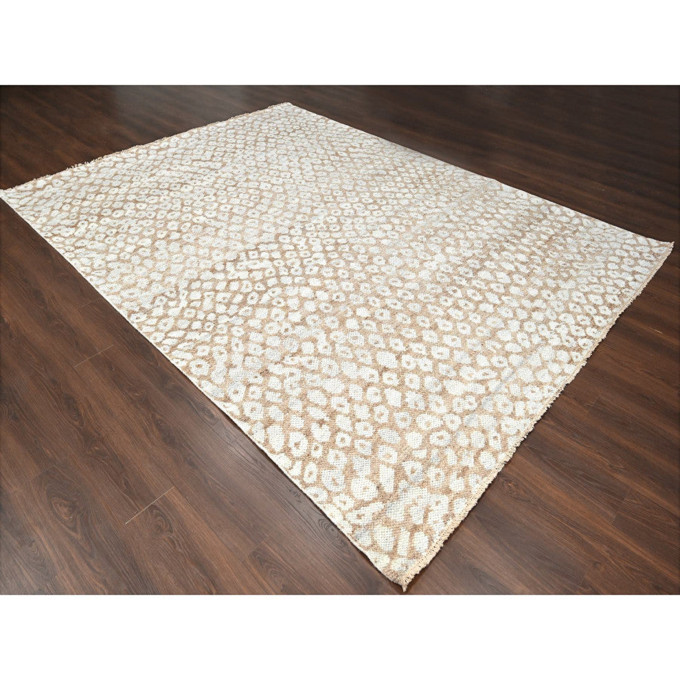 Almond Brown Cropped Thin Hand Knotted Natural Wool Oriental Rug, 9'x11'11"