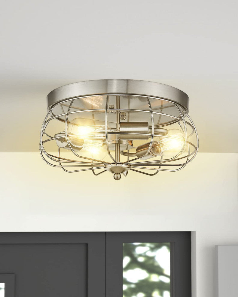 3 Light Flush Mount Ceiling Light, Cage, Ceiling Light, Nickel Finish